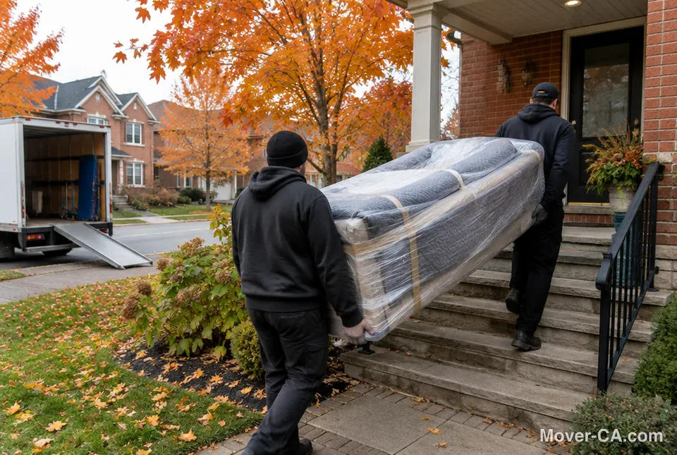 Two movers carrying a wrapped sofa down the porch steps of a brick house in autumn