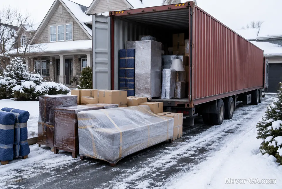 A shipping container in a snowy driveway loaded with wrapped furniture for an international move