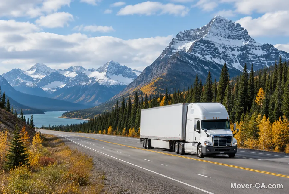 A moving truck on the Trans-Canada Highway through the Rocky Mountains