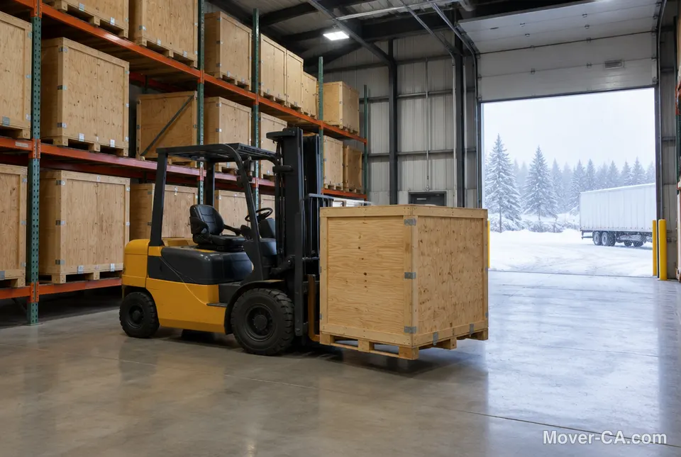 Wooden storage vaults and a forklift in a moving and storage warehouse in winter