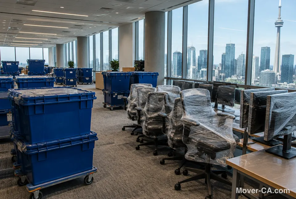 Moving crates and wrapped office chairs during an office move in Toronto, with the CN Tower outside