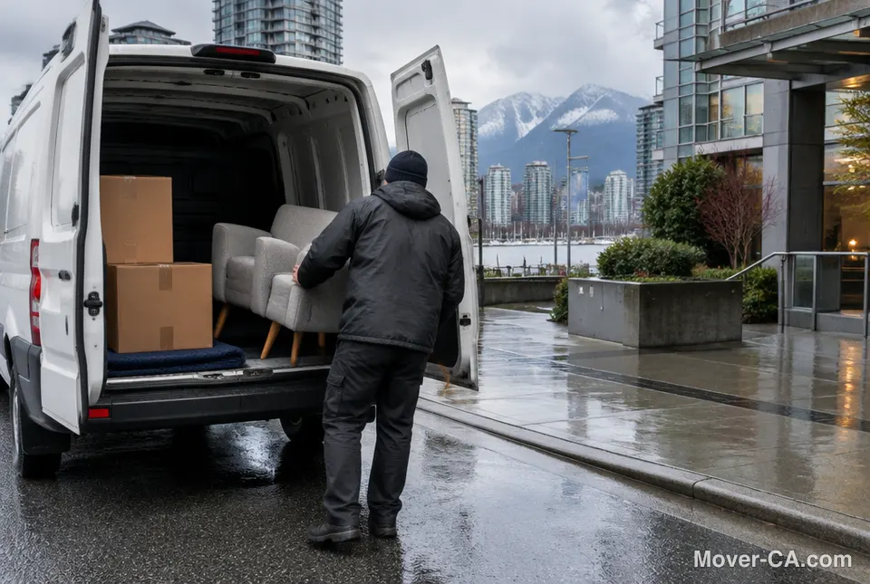 A mover loading boxes and an armchair into a van outside a Vancouver condo